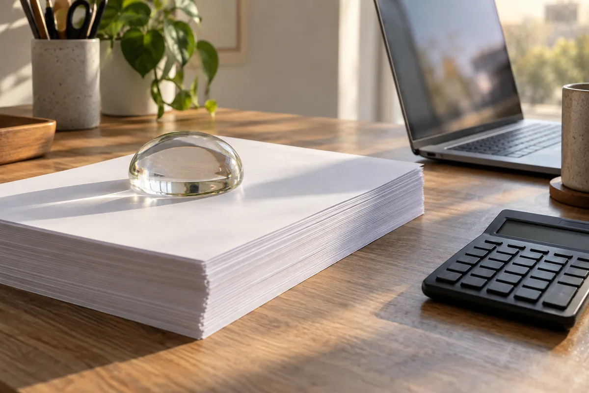 Pile de factures sous un presse-papier sur un bureau à côté d&rsquo;une calculatrice et d&rsquo;un ordinateur portable