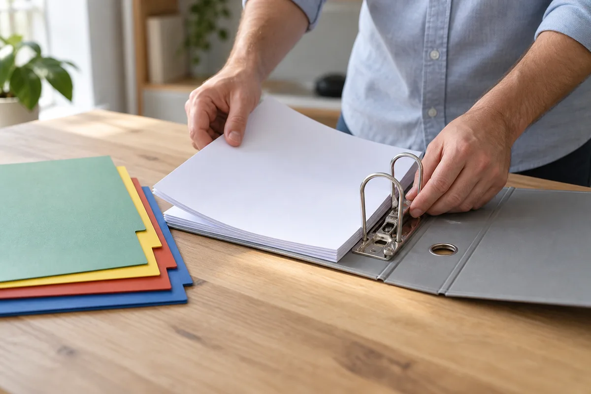 Mains qui classent des factures vierges dans un classeur à levier posé sur un plan de travail en bois