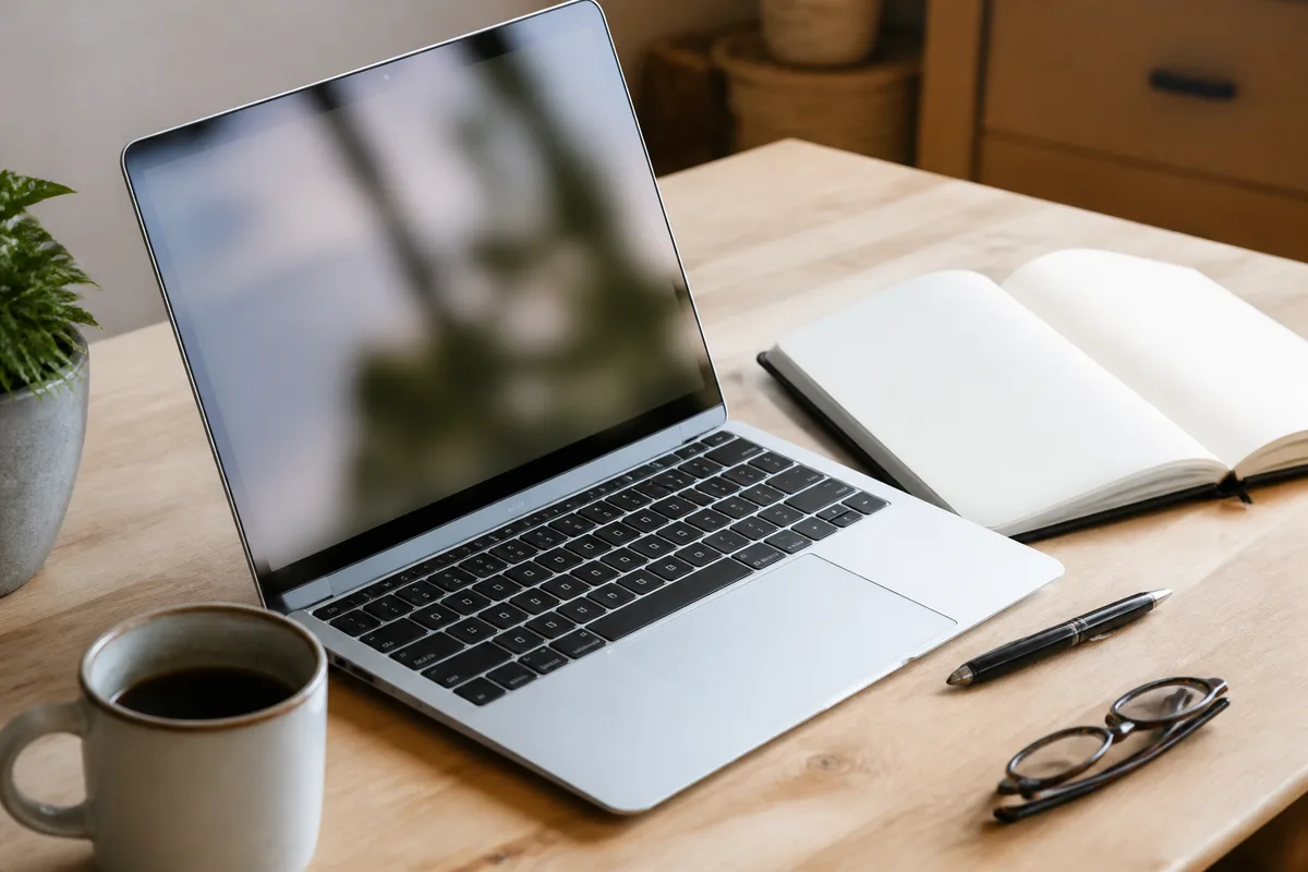 Ordinateur portable ouvert sur un bureau en bois clair avec carnet et stylo