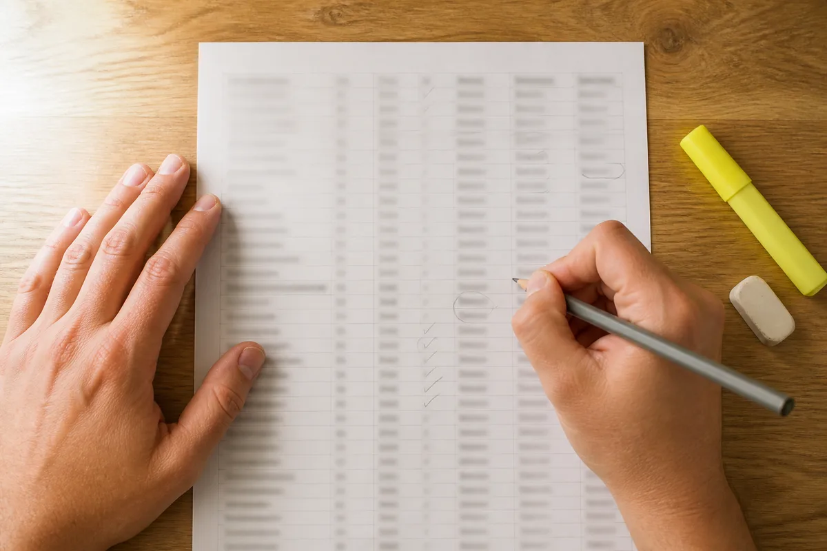 Personne annotant au crayon une feuille de tableau imprimée posée sur une table