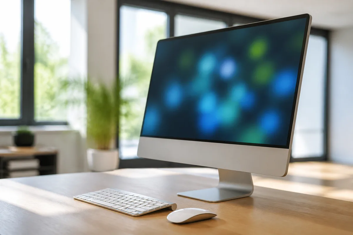 Écran d’ordinateur affichant des graphiques colorés flous dans un bureau lumineux