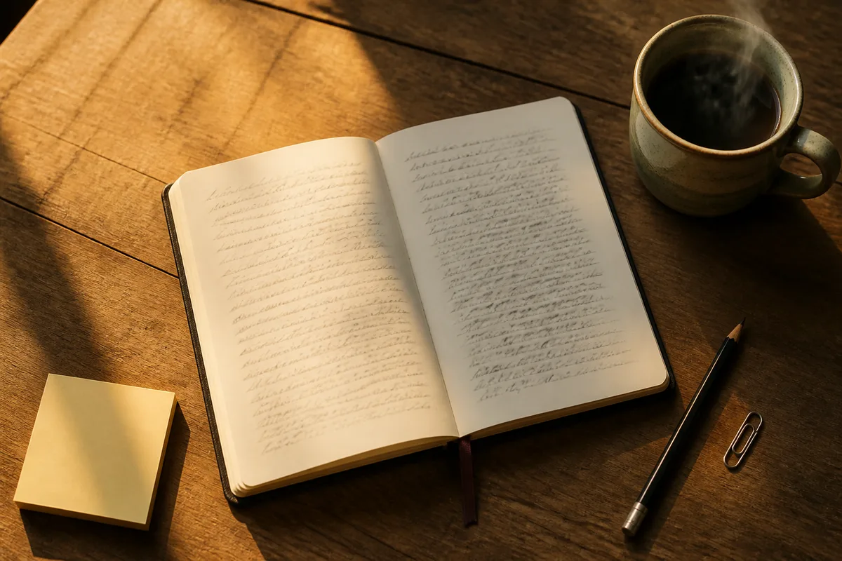 Carnet ouvert couvert de notes manuscrites à côté d’une tasse de café sur un bureau