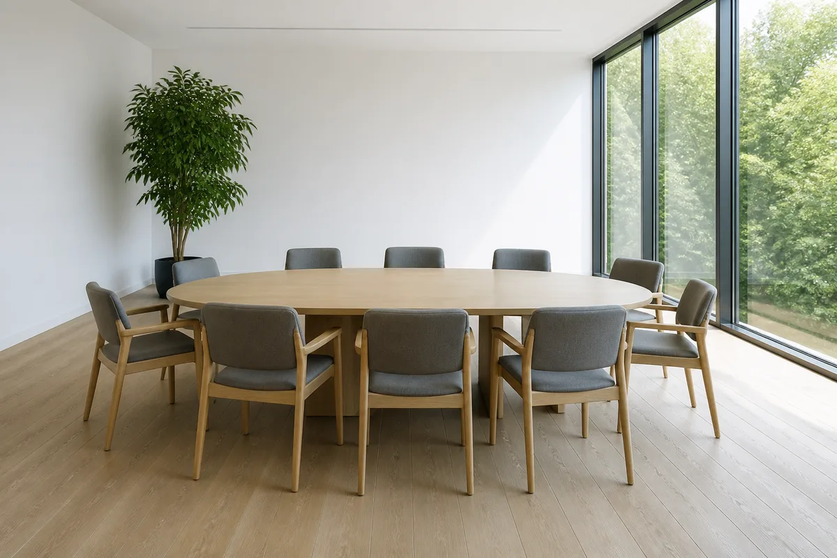 Salle de reunion vide avec table en bois clair et grande baie vitree