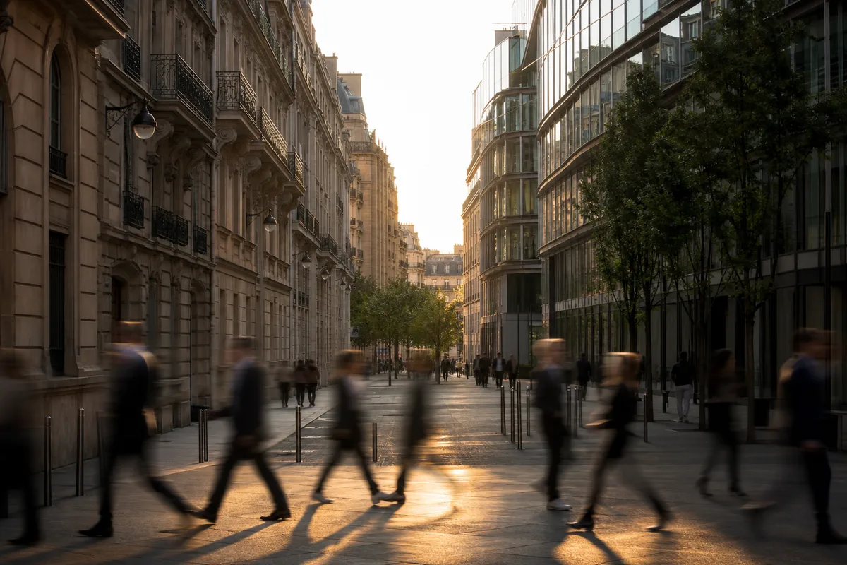 Rue d’affaires francaise vue de loin en fin d’apres-midi, silhouettes floues
