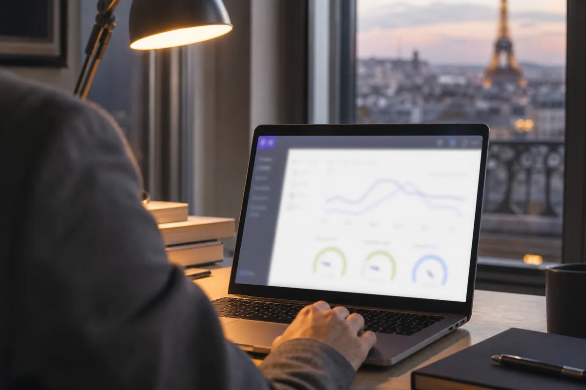 Écran d&rsquo;analyse de performance d&rsquo;une boutique en ligne dans un bureau français
