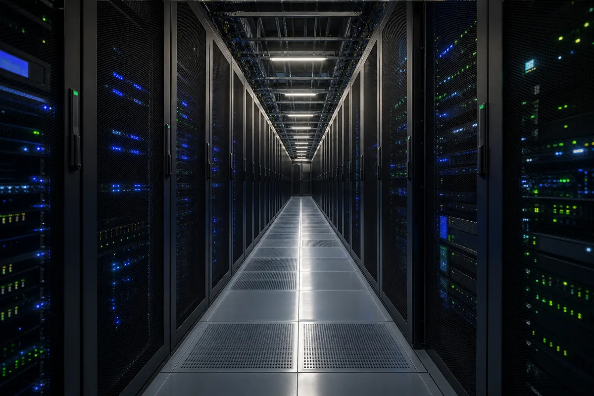 Datacenter moderne avec baies de serveurs éclairées
