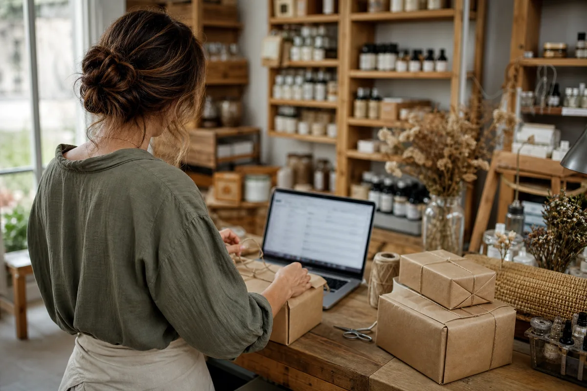 E-commerçante préparant des commandes devant son ordinateur portable