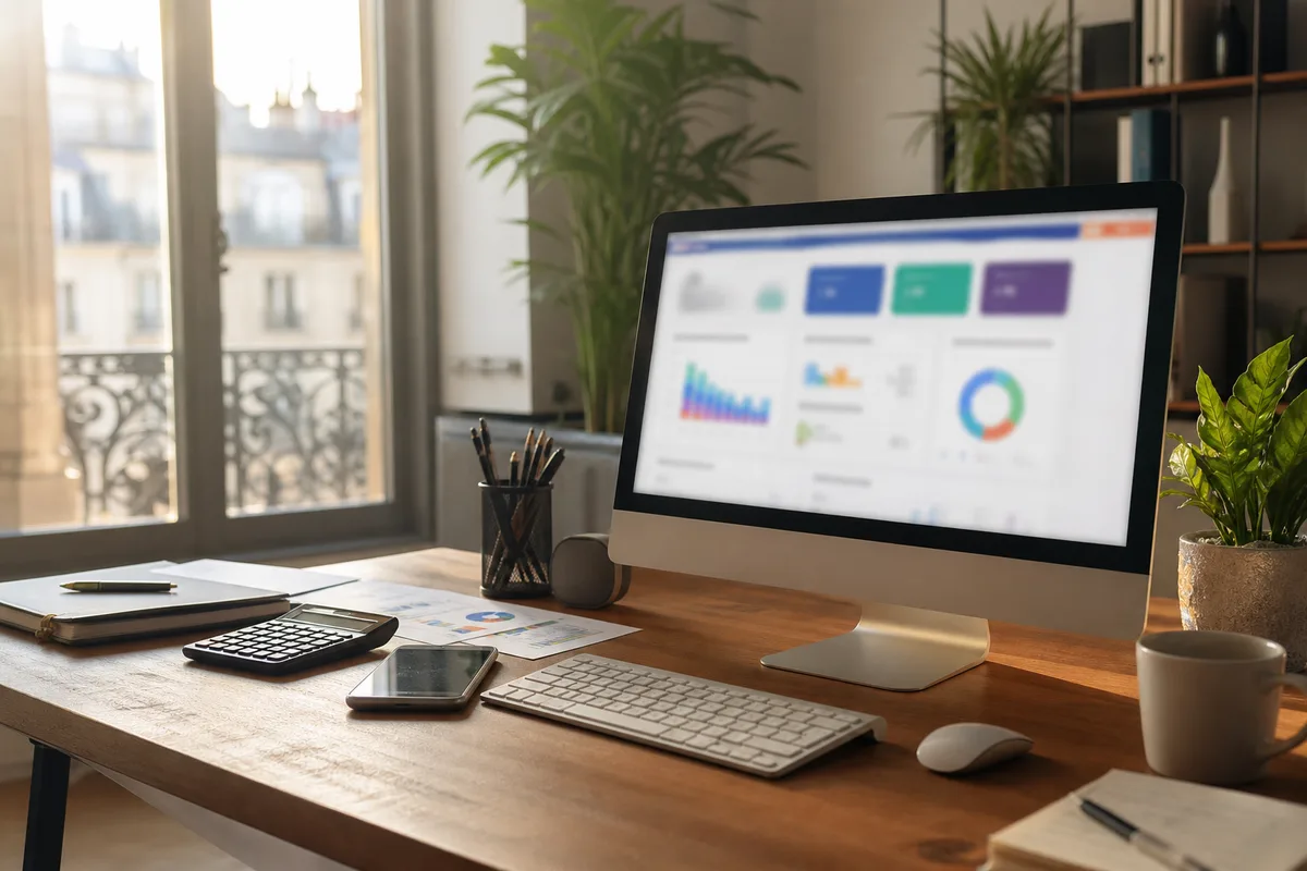 Bureau d&rsquo;entrepreneur avec tableau de bord de ventes en ligne à l&rsquo;écran