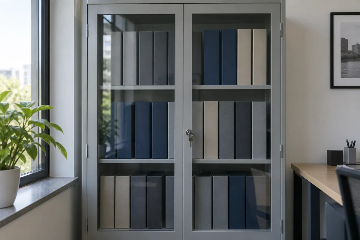 Classeurs fermés rangés dans une armoire métallique verrouillée dans un bureau