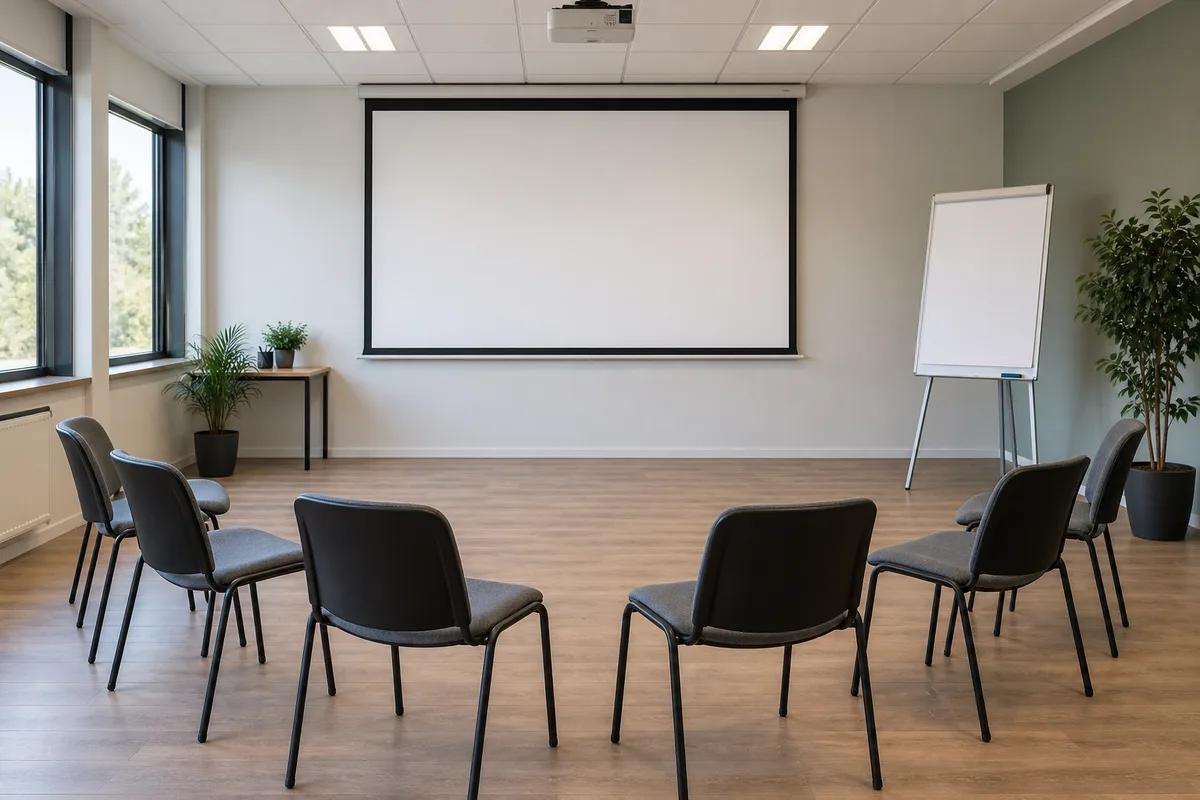 Petite salle de formation avec écran de projection et chaises disposées en arc
