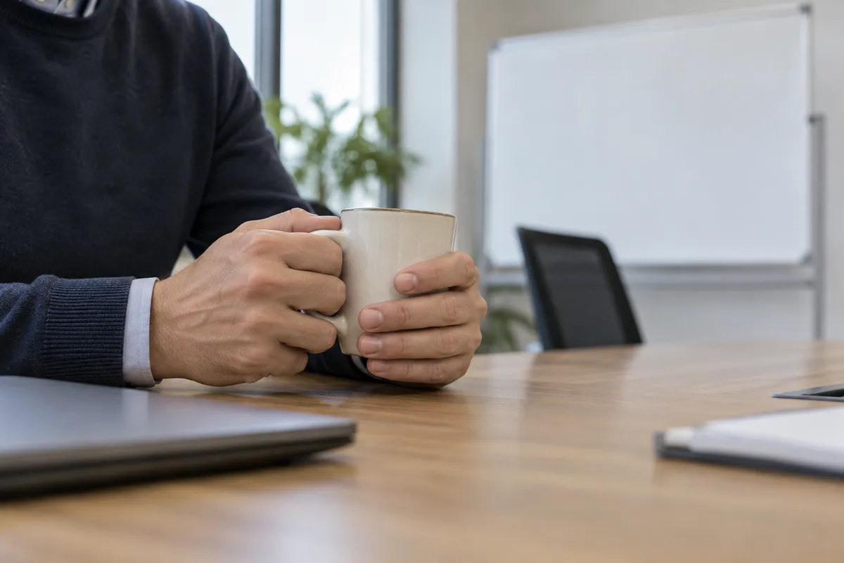 Mains tenant une tasse devant un tableau blanc effacé lors d&rsquo;une réunion de direction