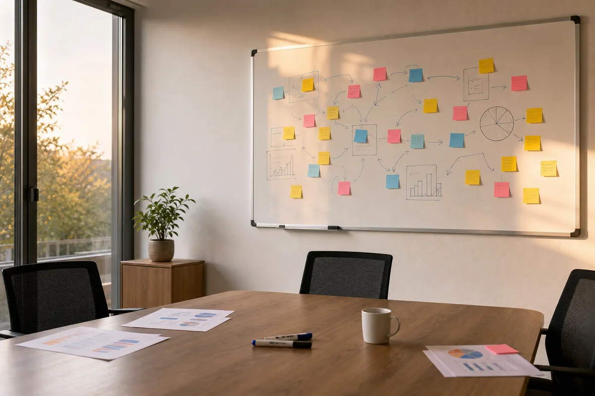 Tableau blanc couvert de post-it colorés reliés par des flèches dans une salle de réunion